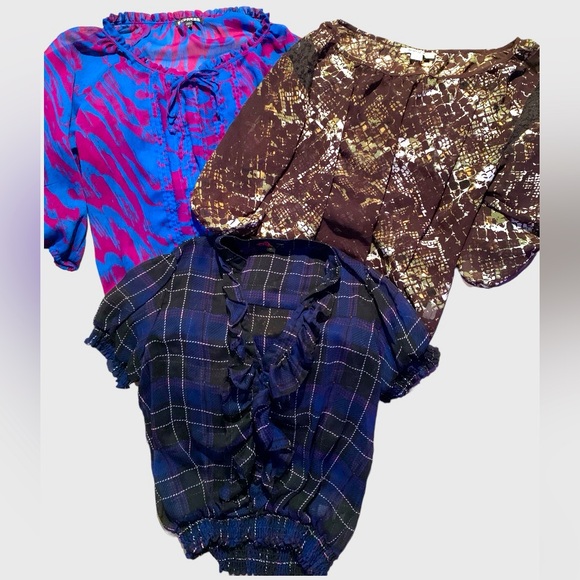 Lot of cute sheer tops sz Med Express blue purple black plaid brown snake print - Picture 1 of 15